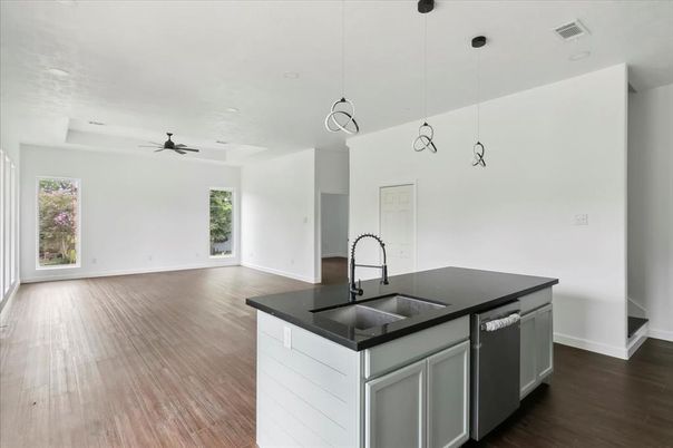 Interior, Kitchen, Pendant Lights, Recessed Lighting, Wood Texture Flooring