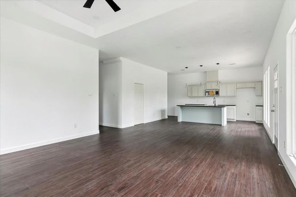 Empty room, Interior, Kitchen, Pendant Lights, Recessed Lighting, Wood Texture Flooring