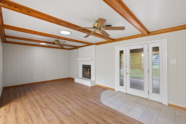 Empty room, Fireplace, Interior, Recessed Lighting, Wood Texture Flooring