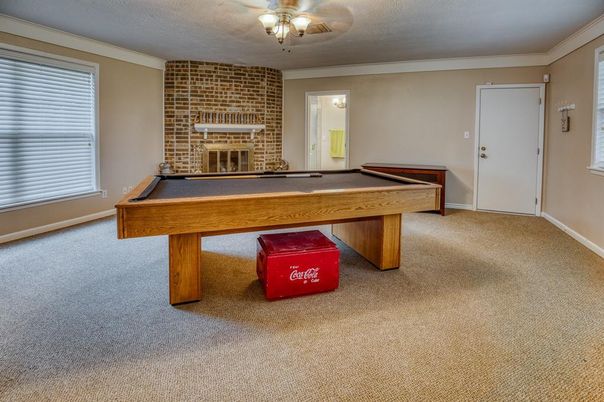 Billiard Table, Fireplace, Game Room, Interior, Stone Walls
