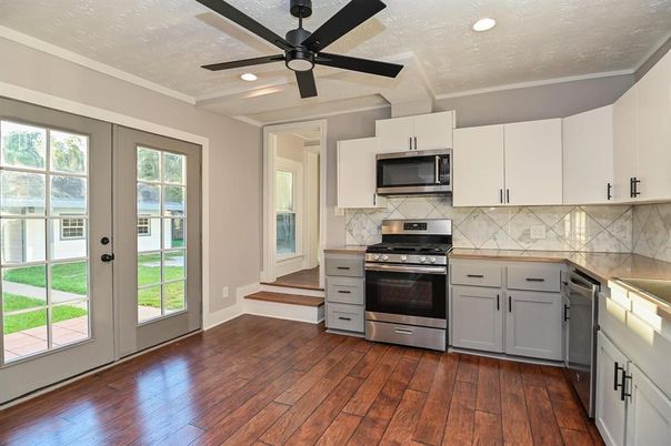 Interior, Kitchen, Recessed Lighting, Stainless Steel Appliances, Wood Texture Flooring