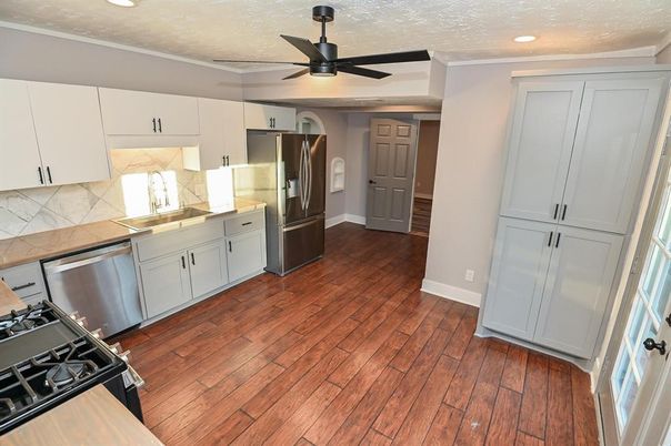 Interior, Kitchen, Recessed Lighting, Stainless Steel Appliances, Wood Texture Flooring
