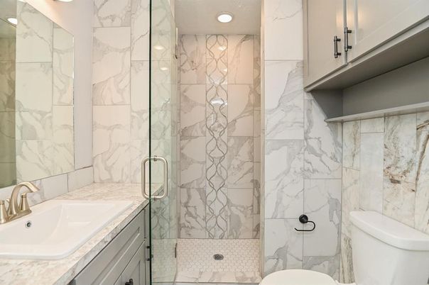 Bathroom, Glass Shower, Interior, Marble Walls, Recessed Lighting