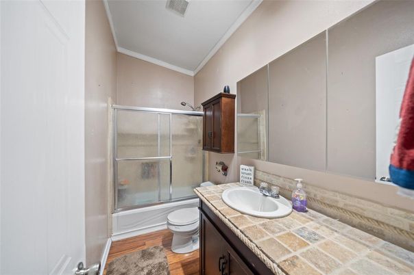 Bathroom, Glass Shower, Interior, Tile Countertops, Wood Texture Flooring