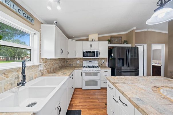 Interior, Kitchen, Tile Countertops, Wood Texture Flooring