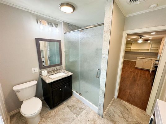 Bathroom, Glass Shower, Interior, Recessed Lighting, Wood Texture Flooring