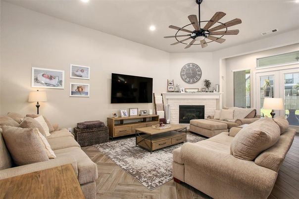 Fireplace, Interior, Living room, Recessed Lighting, Wood Texture Flooring