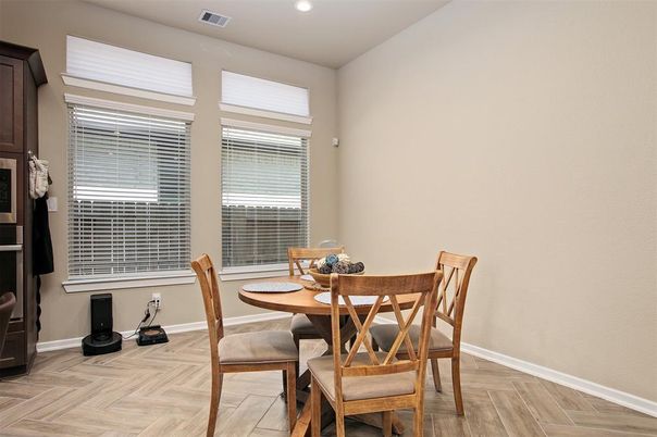 Dining room, Interior, Recessed Lighting, Wood Texture Flooring