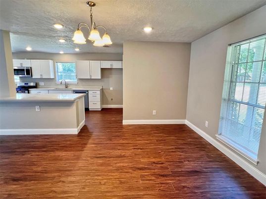 Empty room, Interior, Kitchen, Pendant Lights, Recessed Lighting, Wood Texture Flooring