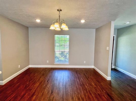 Chandelier, Empty room, Interior, Recessed Lighting, Wood Texture Flooring