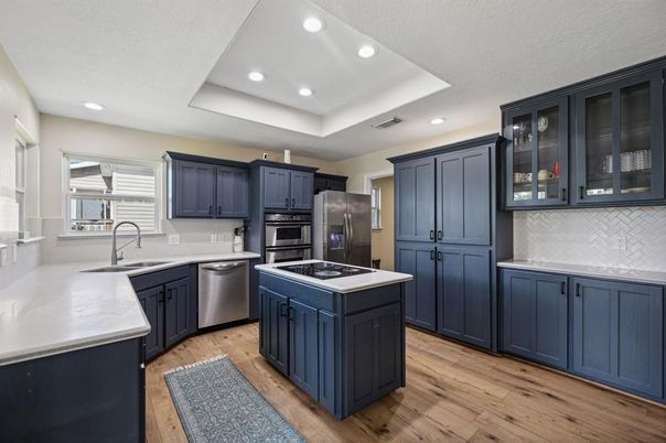 Interior, Kitchen, Recessed Lighting, Stainless Steel Appliances, Wood Texture Flooring