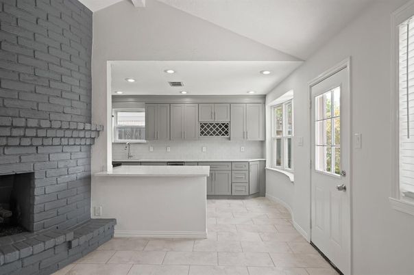 Fireplace, Interior, Kitchen, Recessed Lighting, Stone Walls
