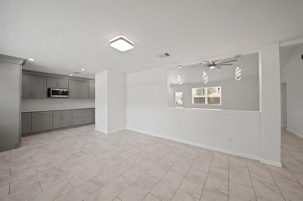 Empty room, Interior, Kitchen, Recessed Lighting, Stainless Steel Appliances