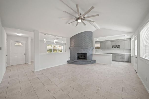 Empty room, Fireplace, Interior, Kitchen, Pendant Lights, Recessed Lighting