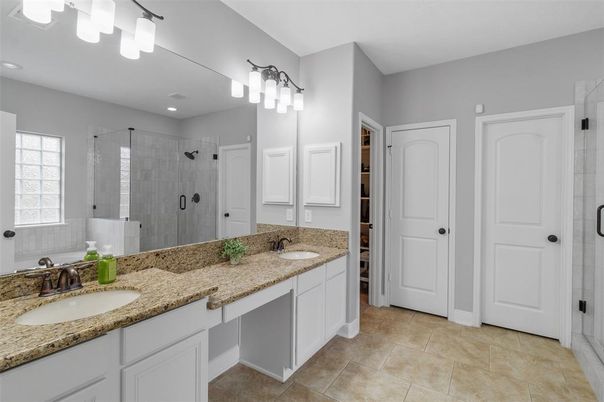 Bathroom, Dual Sink Vanities, Glass Shower, Interior, Recessed Lighting