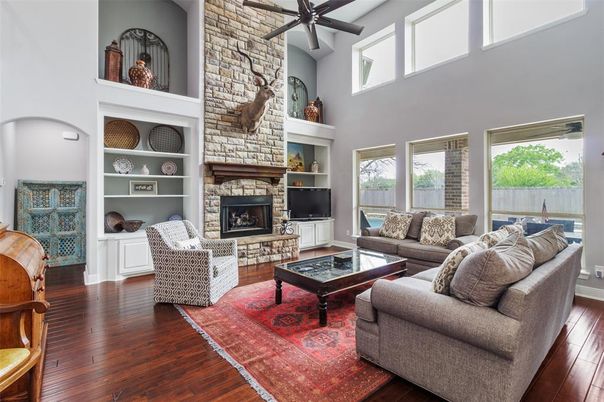 Fireplace, Interior, Living room, Stone Walls, Wood Texture Flooring