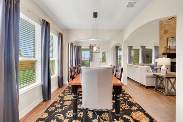 Dining room, Interior, Living room, Pendant Lights, Wood Texture Flooring