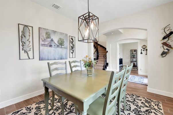 Dining room, Interior, Pendant Lights, Wood Texture Flooring