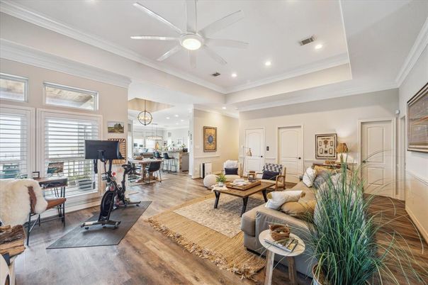 Dining room, Fitness Equipment, Interior, Living room, Pendant Lights, Recessed Lighting, Wood Texture Flooring