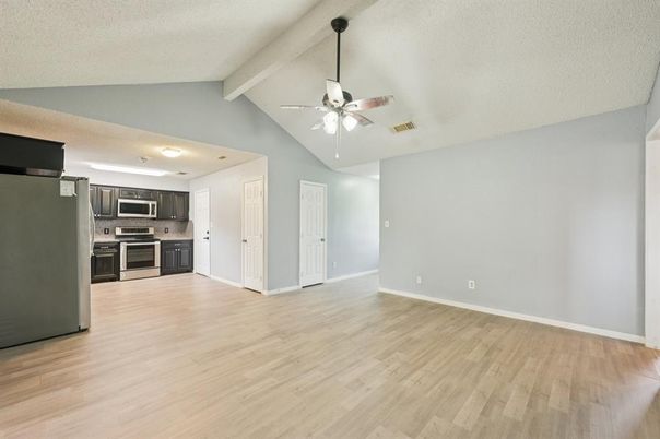 Empty room, Interior, Kitchen, Stainless Steel Appliances, Wood Texture Flooring