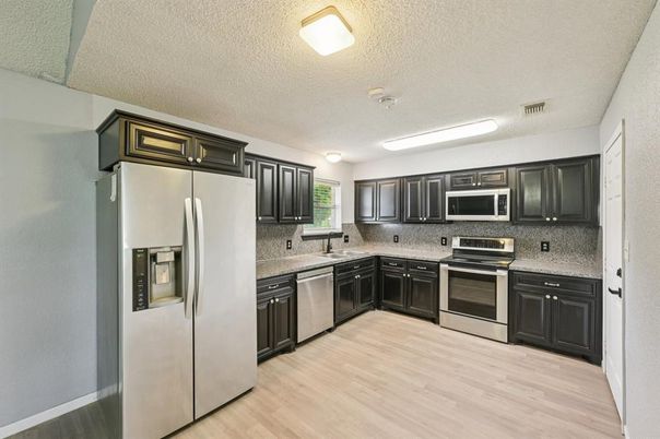 Interior, Kitchen, Stainless Steel Appliances, Wood Texture Flooring