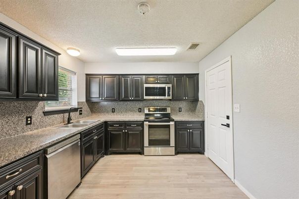Interior, Kitchen, Stainless Steel Appliances, Wood Texture Flooring
