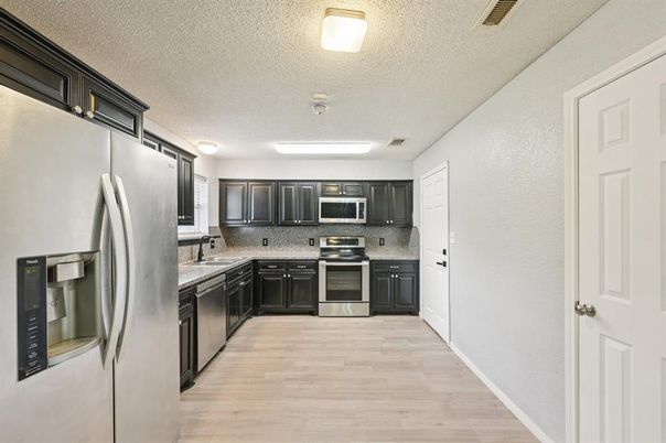 Interior, Kitchen, Stainless Steel Appliances, Wood Texture Flooring