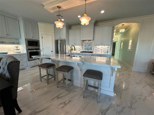 Interior, Kitchen, Marble, Pendant Lights, Recessed Lighting, Stainless Steel Appliances