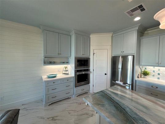 Interior, Kitchen, Marble, Recessed Lighting, Stainless Steel Appliances