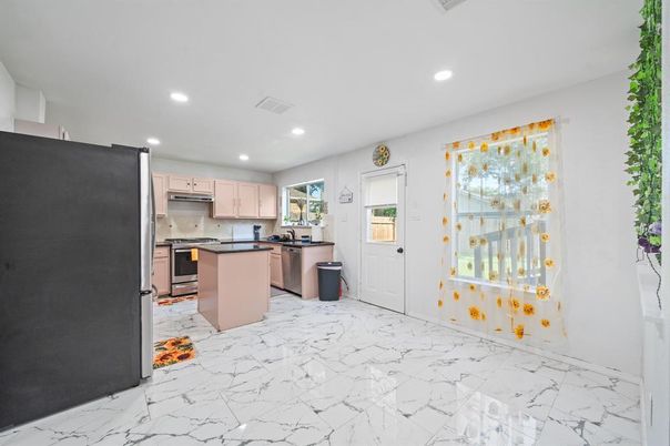 Interior, Kitchen, Marble, Recessed Lighting, Stainless Steel Appliances