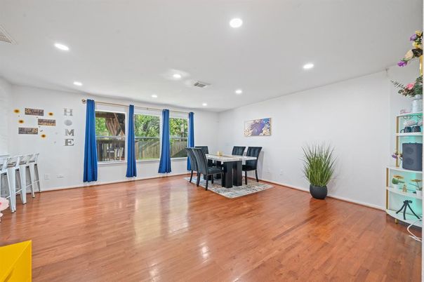 Dining room, Interior, Recessed Lighting, Wood Texture Flooring