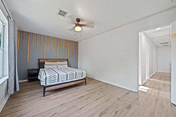Bedroom, Interior, Recessed Lighting, Wood Texture Flooring