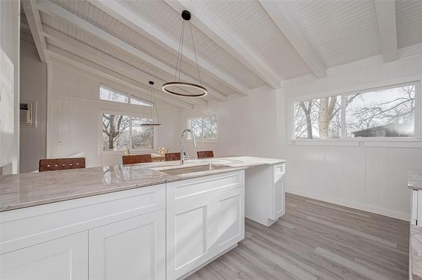 Interior, Kitchen, Pendant Lights, Wood Texture Flooring