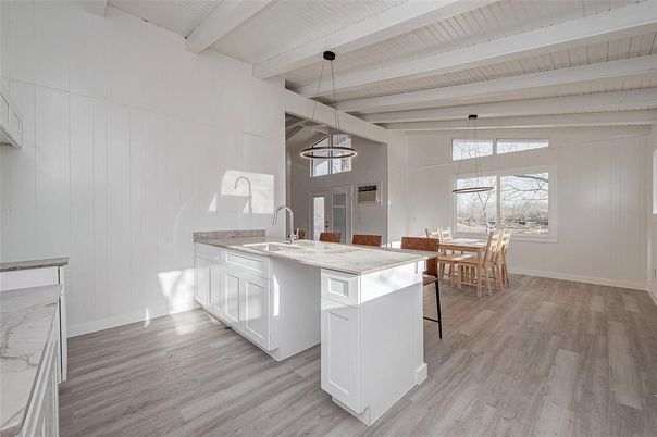 Dining room, Interior, Kitchen, Pendant Lights, Wood Texture Flooring