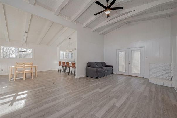 Dining room, Empty room, Interior, Pendant Lights, Wood Texture Flooring