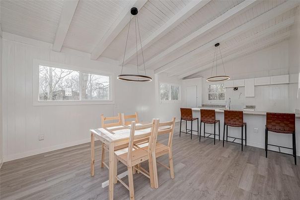 Dining room, Interior, Kitchen, Pendant Lights, Wood Texture Flooring