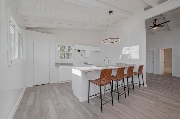 Interior, Kitchen, Pendant Lights, Wood Texture Flooring