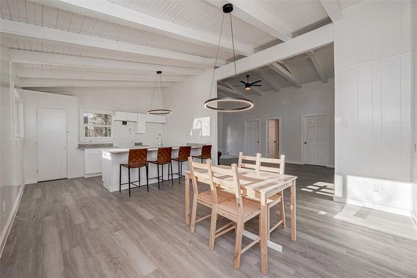 Dining room, Interior, Pendant Lights, Wood Texture Flooring