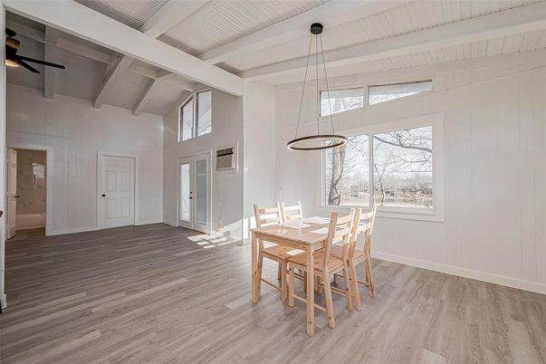 Dining room, Interior, Pendant Lights, Wood Texture Flooring
