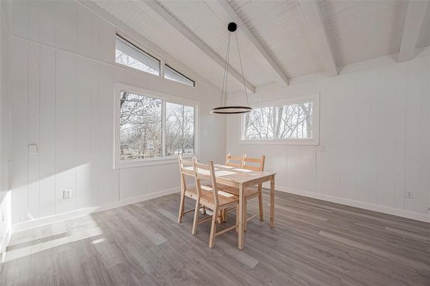 Dining room, Interior, Pendant Lights, Wood Texture Flooring