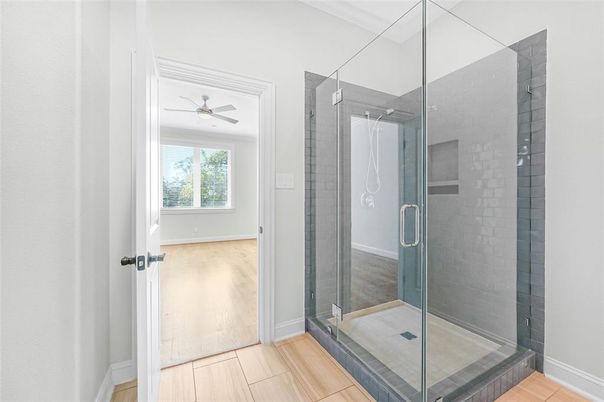 Bathroom, Glass Shower, Interior, Wood Texture Flooring