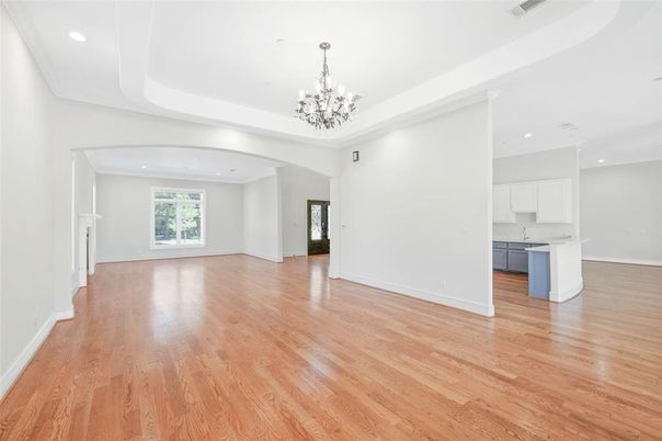 Chandelier, Empty room, Interior, Recessed Lighting, Wood Texture Flooring