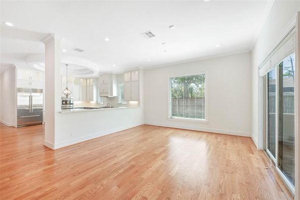 Empty room, Interior, Kitchen, Pendant Lights, Recessed Lighting, Wood Texture Flooring