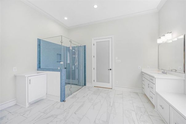 Bathroom, Dual Sink Vanities, Glass Shower, Interior, Marble, Recessed Lighting