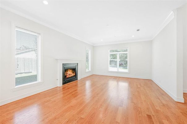 Empty room, Fireplace, Interior, Recessed Lighting, Wood Texture Flooring