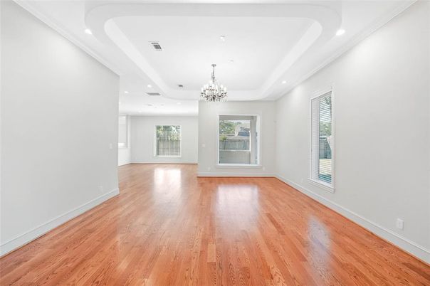Chandelier, Empty room, Interior, Recessed Lighting, Wood Texture Flooring