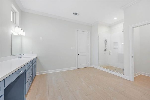 Bathroom, Glass Shower, Interior, Recessed Lighting, Wood Texture Flooring