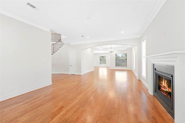 Empty room, Fireplace, Interior, Recessed Lighting, Wood Texture Flooring