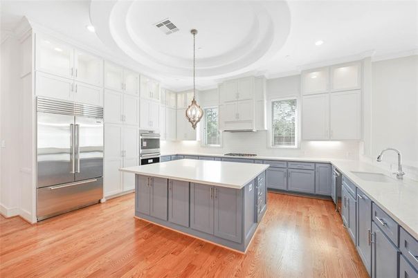 Interior, Kitchen, Pendant Lights, Recessed Lighting, Stainless Steel Appliances, Wood Texture Flooring