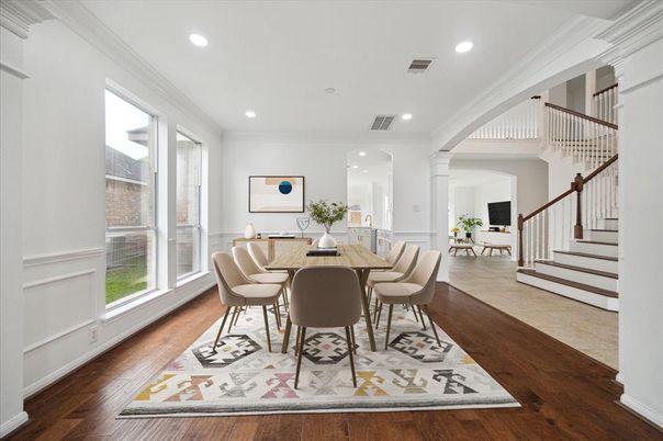 Dining room, Interior, Recessed Lighting, Wood Texture Flooring